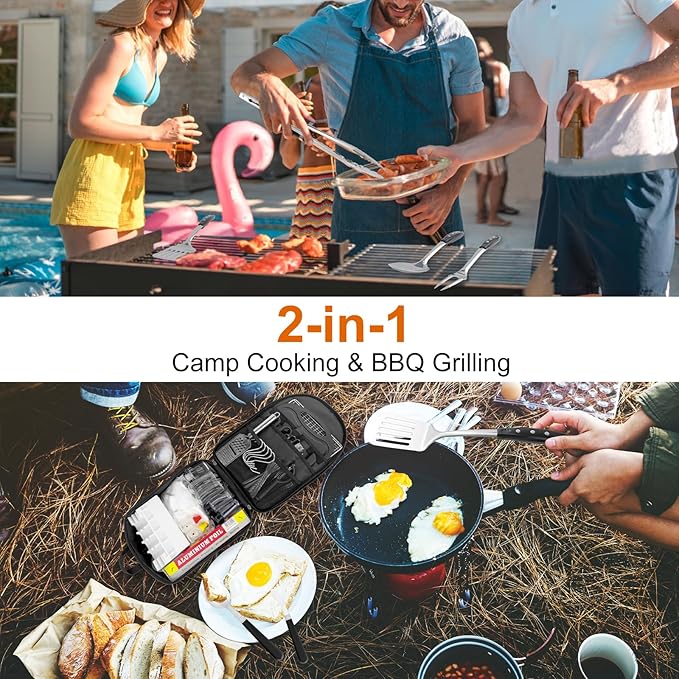 55Pcs Camping Utensils Cooking Set, 2 in 1 Camping Cooking Set & Campfire Grilling Cookware, Portable RV Camping Essentials, Camp Cooking Gear Must Haves Supplies for Travel BBQ Grill Picnic