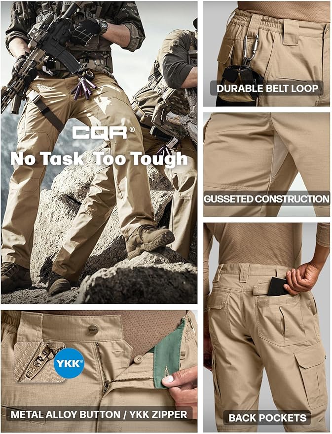 CQR Men's Tactical Pants, Water Resistant Ripstop Cargo Pants, Lightweight EDC Work Hiking Pants, Outdoor Apparel