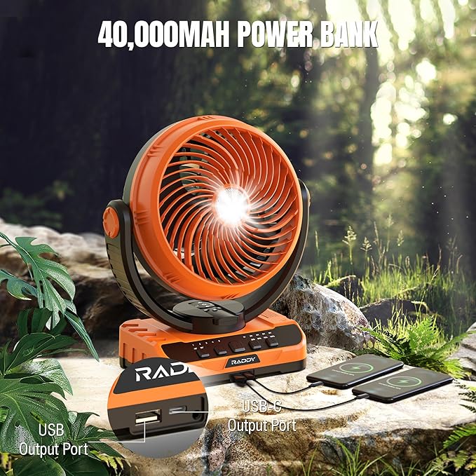Raddy CF5 Oscillating Camping Fan with Remote, 40,000mAh Rechargeable Battery, Quiet Portable Fan with LED Light, USB-C, 5 Speeds, Hanging Hook for Tent, RV, Outdoor & Emergency Use