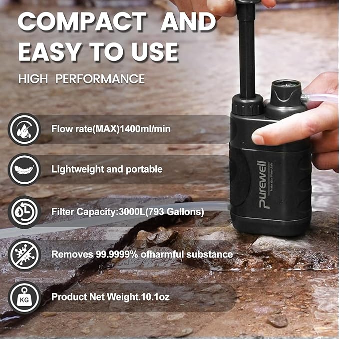 Purewell Water Purifier Pump with Replaceable Carbon 0.01 Micron Water Filter, 4 Filter Stages, Portable Outdoor Emergency and Survival Gear - Camping, Hiking, Backpacking