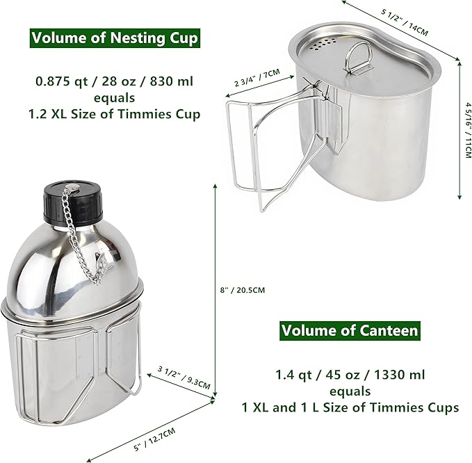 MASTIFF GEARS® 304 (18/8) Stainless Steel (FDA Compliant) US G.I Style Canteen Kit Cooking Set Camping Canteen Mess Kit with Cup, Lid, MOLLE Pouch for Camping Hiking