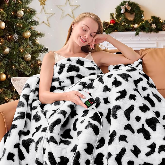 Cow Print Heated Electric Blanket Throw,50X60 Black Heating Blanket with 10 Heats Levels & 8 Hours Auto Off,Cute Cow Decor Stuff Soft Fleece Sherpa Blankets Warmer Gifts for Women Washable,ETL