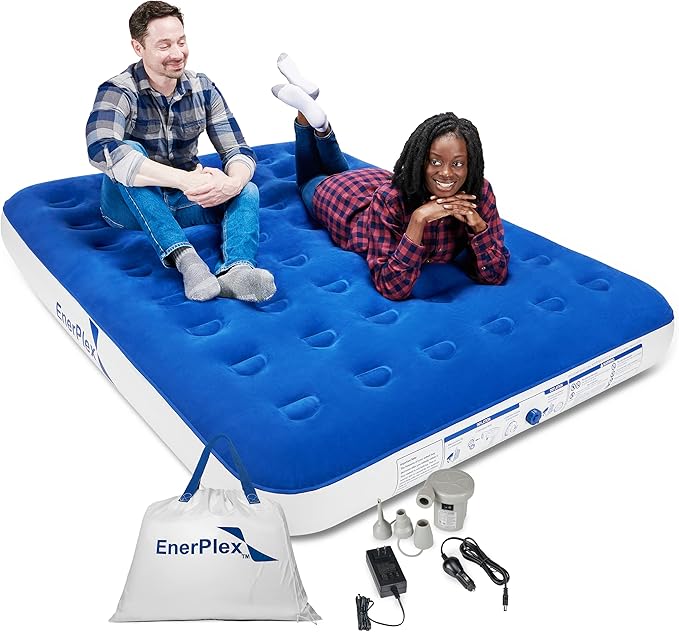 EnerPlex Camping Air Mattress with Built in Pump - Queen Blow Up Mattress for Travel & Guests - Portable Bed for Adults and Kids - Blue