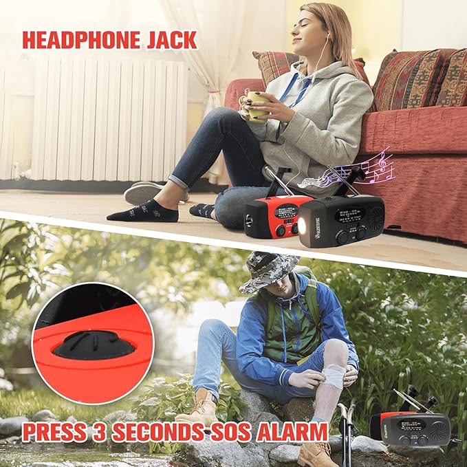 5000mAh Emergency Weather Radio, iRonsnow NOAA FM AM Hand Crank Radios, Solar Radio with SOS, Earphone Jack, 1W LED Flashlight, Self Powered Phone Charger for Camping, Survival (Black)