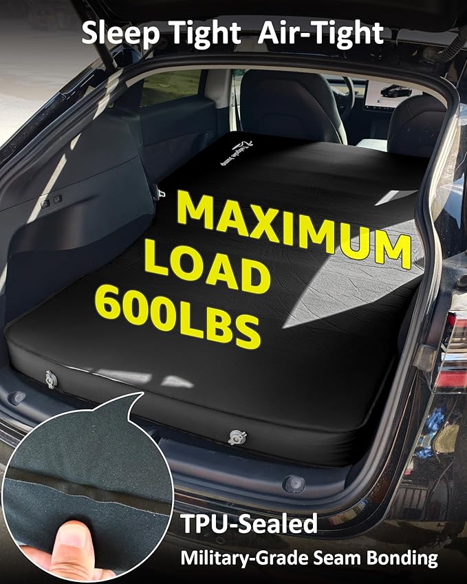 for Tesla Model Y Mattress Memory Foam, 4 inch Comfortable SUV Sleeping Pad with Powerful Air Pump, Inflatable Car Bed for Camping & Road Trips (Black+Gray)