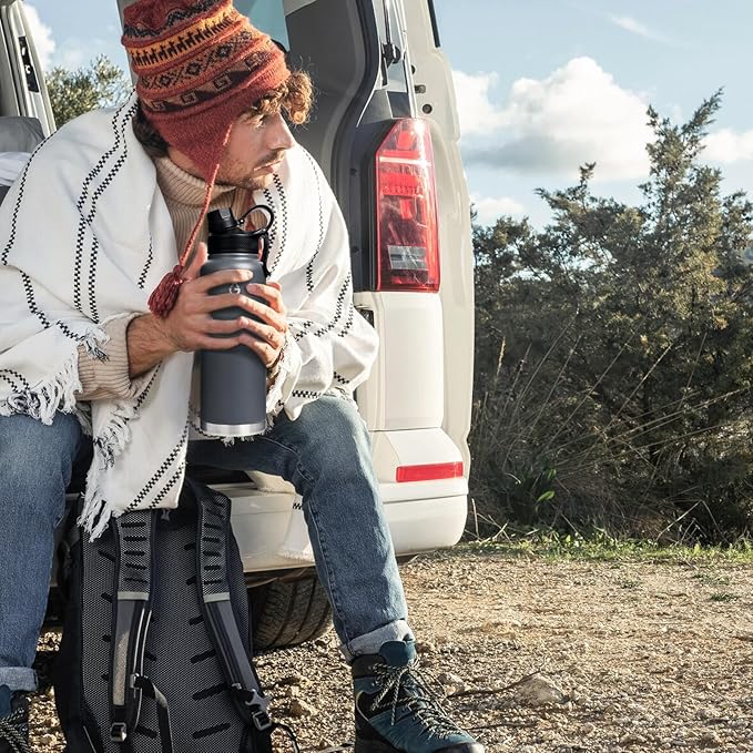 Stainless Steel Sports Water Bottle with Straw Lid Dustproof, 3 Lids, 24/32/40/64 oz BPA Free Vacumm Insulated Water bottle, Leakproof and Sweat Free, Perfect for The Go - 40 Oz Grey