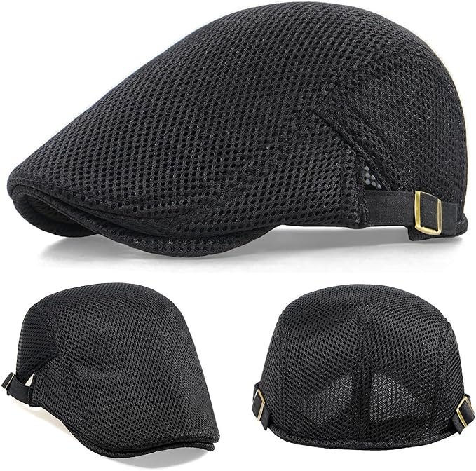 2 Pack Men's Mesh Cap Breathable Summer Newsboy Hat Adjustable Beret Ivy Cap Irish Cabbie Driving Hunting Hats