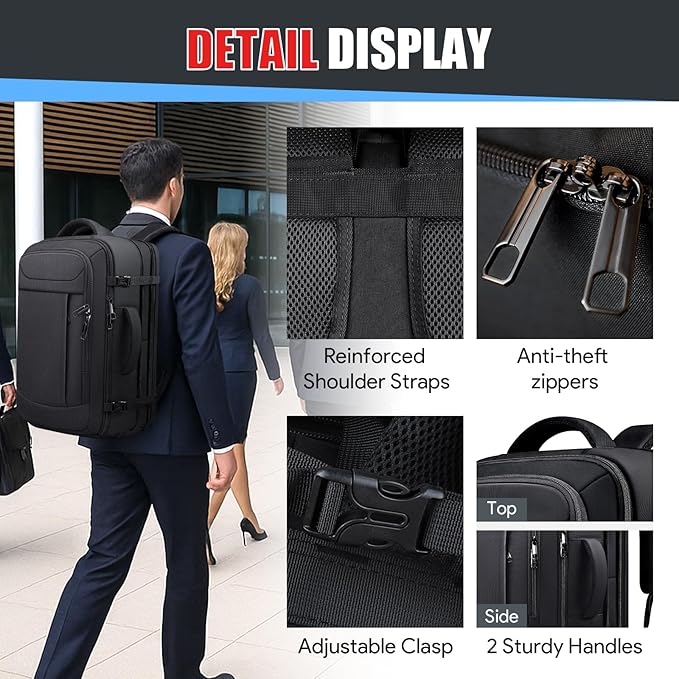 Travel Backpack,Expandable 40-50L Carry On Backpack,Extra Large Anti-Theft TSA Flight Approved Large Weekender Daypack Bag for Men and Women, Waterproof Pocket Lightweight Travel Gifts for Men,Black