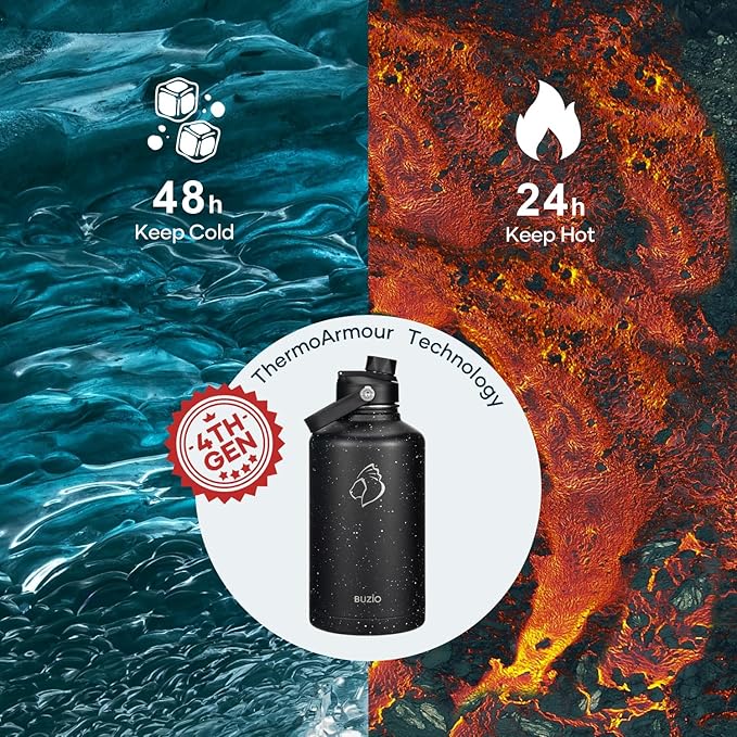 BUZIO Insulated Water Bottles 64oz with Straw Lid, Half Gallon Double Wall Stainless Steel Wide Mouth Water Bottle with Two Lids, Powder Coat Metal Water Jug Thermo Mug Metal Canteen, Keep Hot Cold