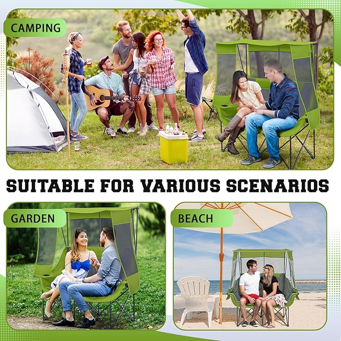 Double Camping Chair with Canopy Shade Oversized 2 Person Camping Sofa Fully Padded Folding Loveseat with Cup Hold and Storage Bag Sturdy for Lawn Beach Fall Outdoor Activities(Dark Green)