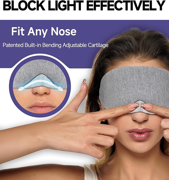 Mavogel Cotton Sleep Eye Mask - Updated Design Light Blocking with Adjustable Nose Bridge, Soft and Comfortable Night Eye Mask for Men Women, Eye Blinder for Shift Work, Includes Travel Pouch, Grey