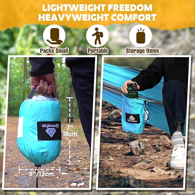 NATUREFUN Ultra-Light Travel Camping Hammock | 300kg Load Capacity,Breathable,Quick-Drying | 2 x Premium Carabiners,2 x Nylon Slings Included | Outdoor Indoor Garden