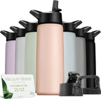 SipX™ Triple-Insulated Stainless Steel Water Bottle 25oz. With 3 Lids, BPA-Free Reusable Insulated Water Bottle Keeps Cold 24 Hours, Metal Water Bottle Made Of Sustainable Material For Hiking & Biking
