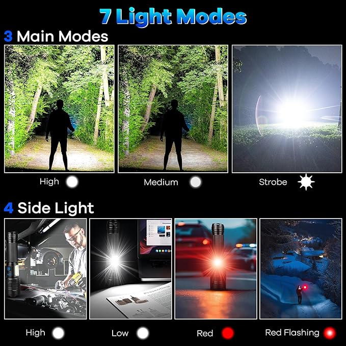 Rechargeable Flashlights 90,000 High Lumens - 2 Pack, Super Bright Flash Light with 7 Lighting Modes, 24H Long Life Powerful Flashlight with Side Light, IPX7 Waterproof Flashlight for Camping Home