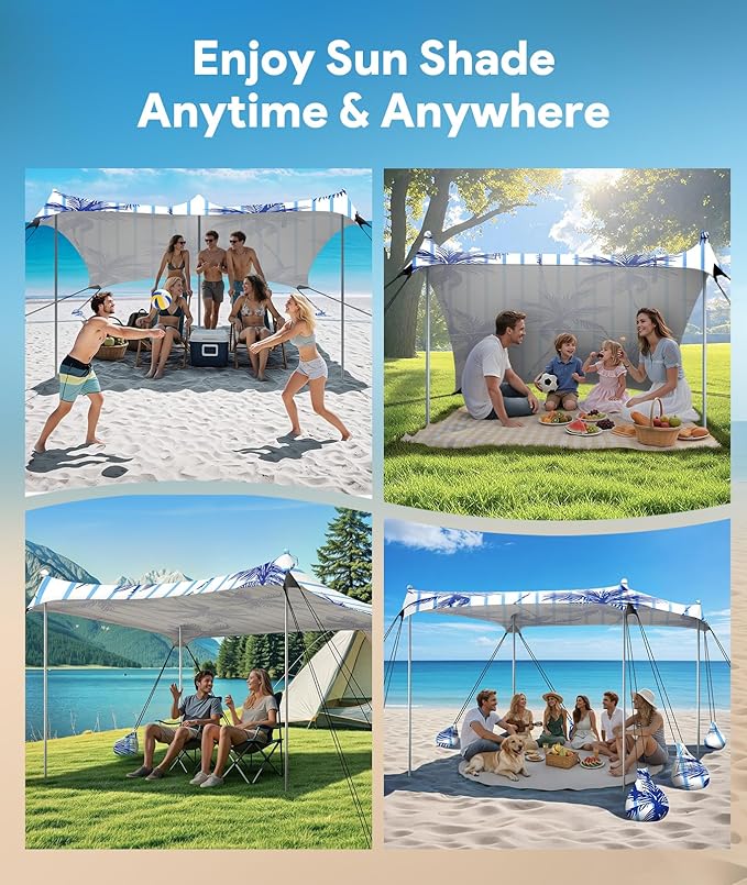 Beach Tent Sun Shelter, 10 x 10 FT Beach Canopy Tent Sun Shade, UPF50+ Tents Canopy with 8 Sandbags & 4 Stability Poles, Outdoor Tents for Camping Fishing, Coconut Tree