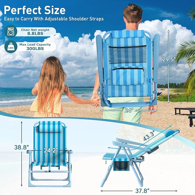 Suteck Backpack Beach Chair, 6-Positions Beach Chairs for Adults with Cooler Bag, Reclining Beach Chair with Cup Holder Folding Camping Chair for Sand Outdoor