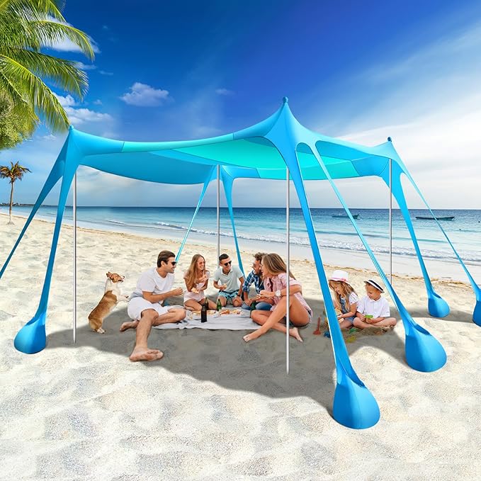 Rhino Valley Beach Tent Shade Canopy UPF50+ Protection, 8 Sandbags, 4 Stability Poles, Outdoor Sun Shelter Umbrella for Sand, Camping, Fishing Essentials