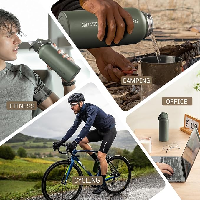 ONETIGRIS 32 oz Insulated Water Bottle with Straw - Tactical Stainless Steel Water Jug, Leakproof Wide Mouth Sport bottle with 3 Lids and Sleeve for Travel, Gym, Camping, Hiking