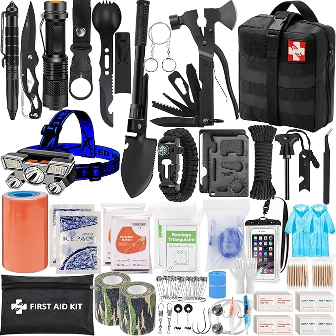 Emergency Survival Kit and First Aid Kit, Camping First Aid Survival Kit with Molle Pouch for Preparedness Outdoor Adventure, Black