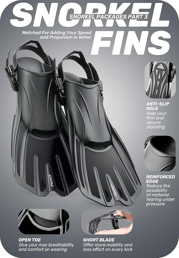 CAPAS Snorkel Mask Fins Set, Travel Size Snorkeling Gear for Adults with Adjustable Fins, Diving Mask and Dry Top Snorkel, Come with a Carrying Bag