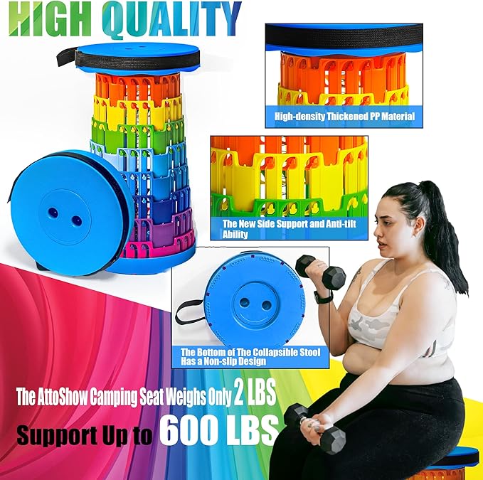 2025 2PCS Upgraded Collapsible Stool Thickened Set, Portable Stool Folding Stools, Foldable Chair for Camping Fishing Hiking BBQ and Outdoor Activities - Max 500lbs (Rainbow)