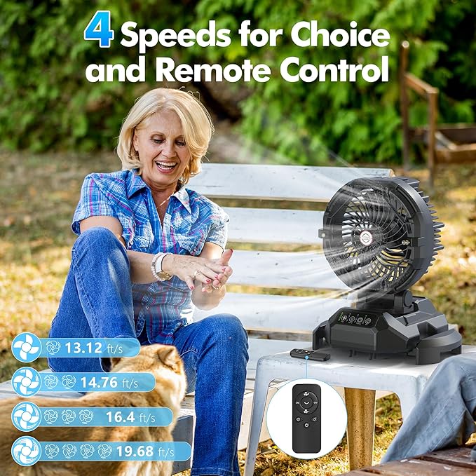 Portable Misting Fan, 4 Powerful Speed & 4 Spray Modes, 30000mAh Battery Powered, Remote Control, Auto Oscillation with Adjustable Base fit for 10-13 inch Bucket for Outdoor Camping Beach Travel