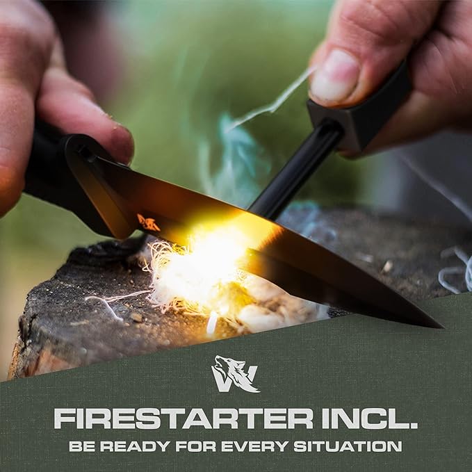 WOLF-III Full Tang Survival Knife with Fire Starter and Sheath - Stylish Tactical Fixed Blade - Made of D2 Steel - Bushcraft and Camping Knife - With Belt Loop, Plug Lock & Multi Lok