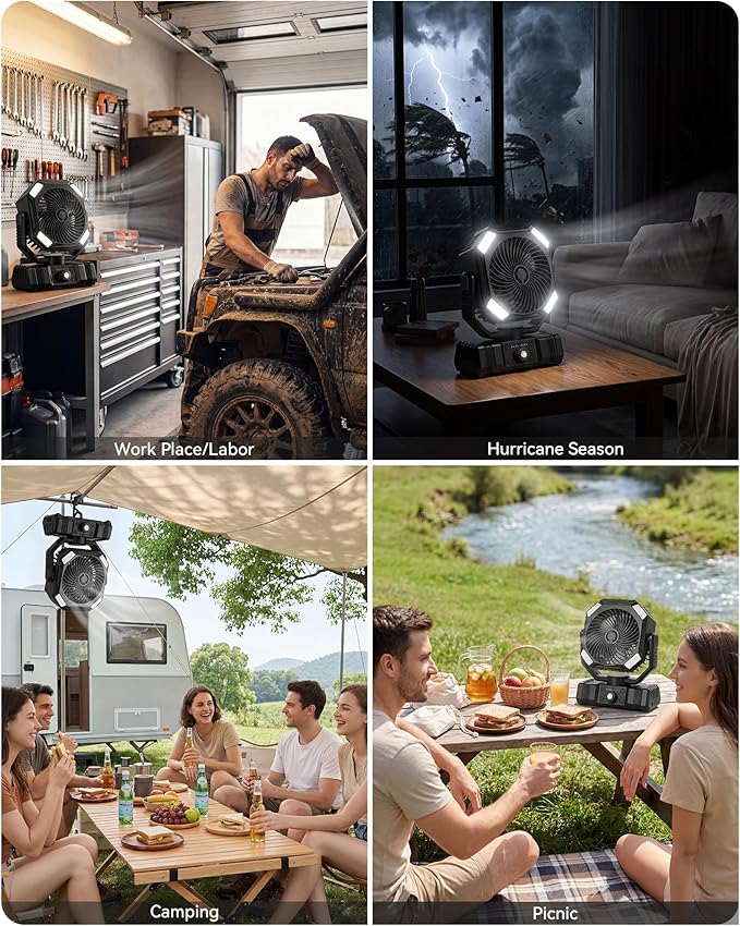 USONE Misting Fan, Portable Camping Fan Rechargeable, Battery Powered Fan for Camping with Light, Remote & Timer, Hanging Tent Fan with Hook for Outdoor fishing, Travel, Work/Summer Essential,Black