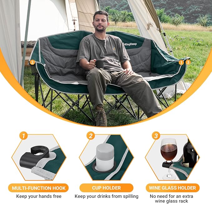 KingCamp Double Camping Chair, Oversized Heavy Duty Loveseat for Adults Portable Folding XL 2 Person Couch Padded Comfortable Two Seat with Cup Holder for Outdoor Lawn Backyard