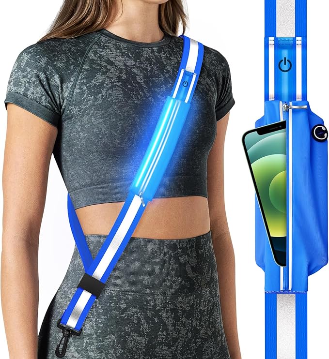 LED Reflective Belt Sash for Walking at Night, Night Running Safety Gear High Visibility Rechargeable LED Light Up Running Belt for Runners Walkers Men Women