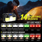 2 Pack Headlamp Rechargeable, 1300 Lumen Lightweight Bright with White Green Red Headlamp Flashlight, Waterproof Motion Sensor Head Lamp,14 Modes for Outdoor Camping Running Cycling