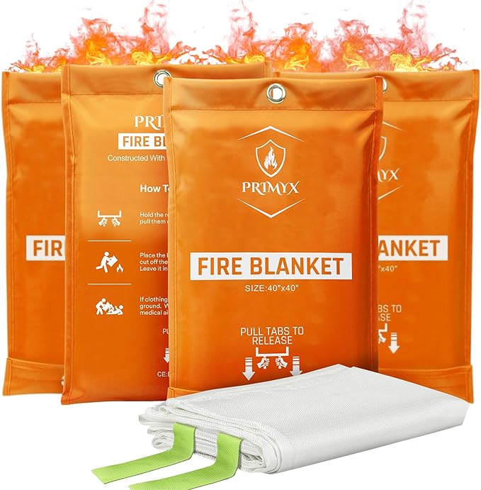Emergency Fire Blanket 40"x40" (4-Pack) – Fireproof Survival Blanket for Home, Kitchen, RV & Camping – Smothers Grease & Electrical Fires – Reusable, Pet & Family Safe Fire Safety Gear