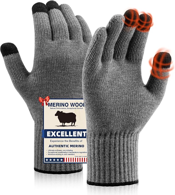 Merino Wool Gloves for Men Women, Touch Screen Warm Glove Liners Thermal Soft Knit Lining for Winter Running Hiking