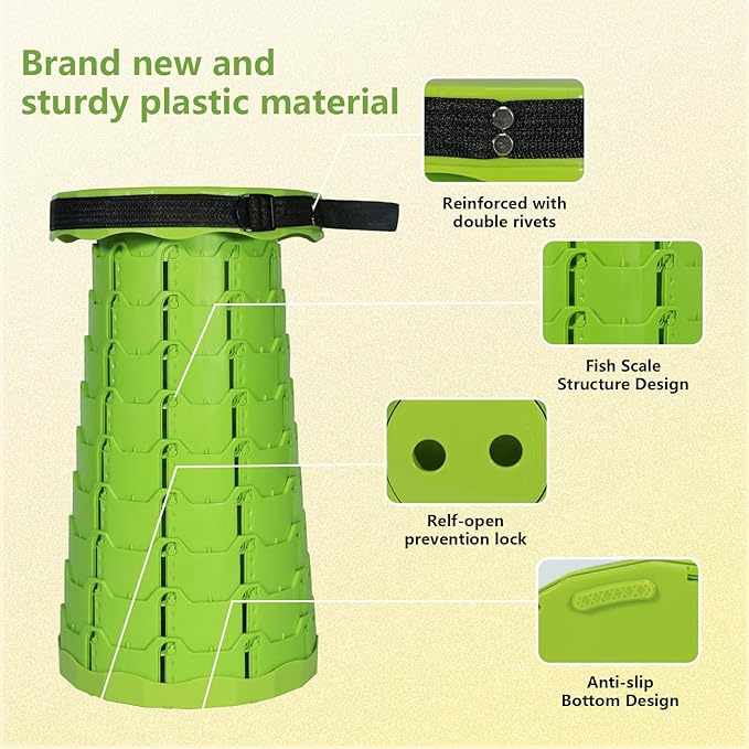 Portable Collapsible Stool, Adjustable Height Folding Seat for Adults and Kids, Lightweight Retractable Telescoping Stool for Camping, Travel, Fishing, Outdoor & Indoor Use (Apple Green)