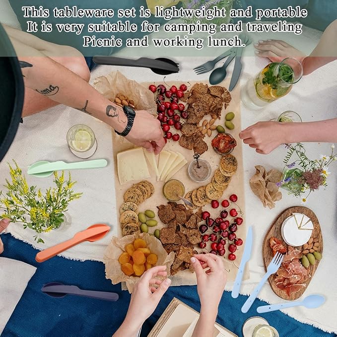 Evanda Travel Utensils Set for 6, Reusable Plastic Knife Fork Spoon Snapped Together for Easy Portability and Save Space, Silverware Cutlery Utensils Set for Work, Camping, Picnic, Gadgets, Lunch Box