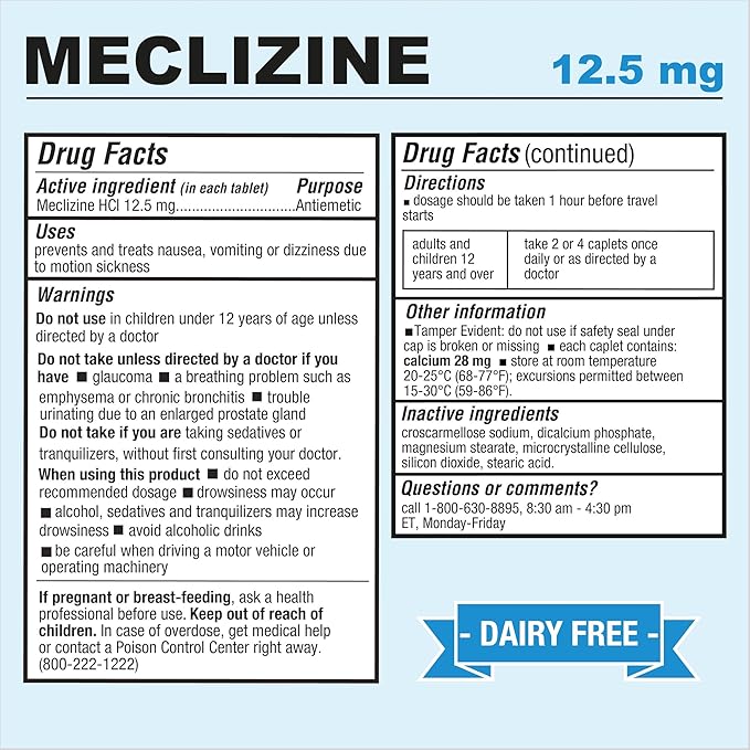 Puregen Labs Meclizine 12.5 mg Antiemetic 600 Caplets Total | Motion Sickness Relief - Prevent Nausea, Vomiting, and Dizziness | Dairy Free | Made in USA | Value Pack – 3 Pack