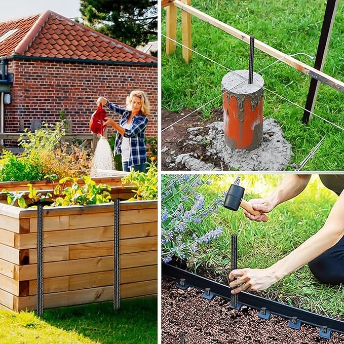 16 Inches Rebar Stakes(16pcs) Heavy Duty Straight Metal Ground Anchors with Chisel Point Ends for Timber,Concrete,Plant Support,Camping Tents,3/8 Inch Thickness Garden Stakes,Black