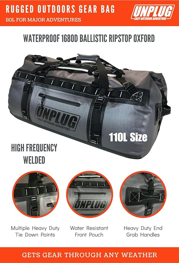 UNPLUG Ultimate Adventure Bag | 1680D Heavy Duty Waterproof Bag | Large Travel Duffle Bag which can be Used for Camping, Motorcycling, Boating, or Hunting