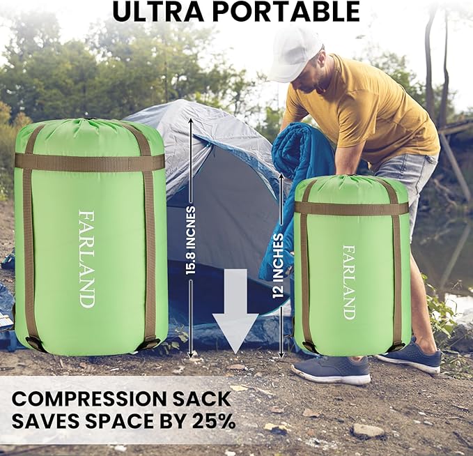 FARLAND Sleeping Bags 30℉ for Adults Teens Kids with Compression Sack Portable and Lightweight for 3-4 Season Camping, Hiking,Waterproof, Backpacking and Outdoors