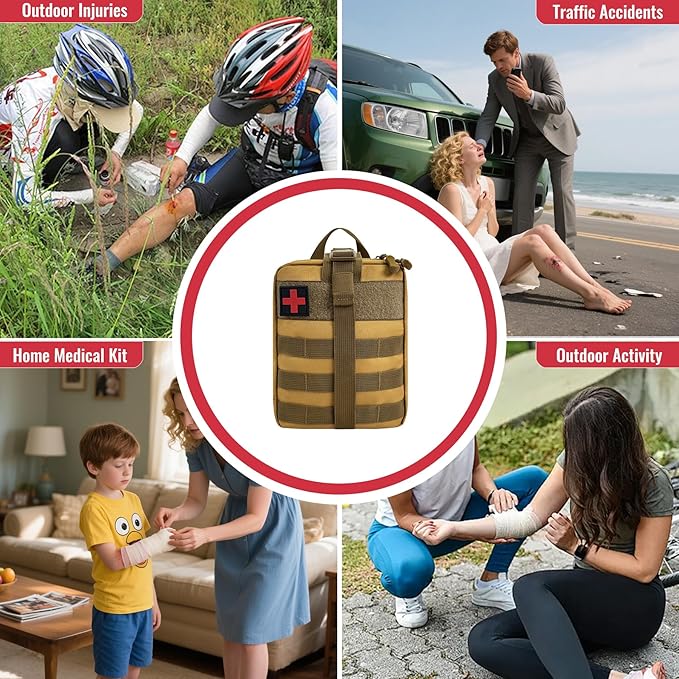 Survival First Aid Kit, MOLLE Medical Pouch Tactical First Aid Kit for Home, Car, Hiking, Travel, Camping, Khaki