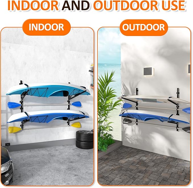 Kayak Storage Rack for Garage Wall Mount - Heavy L-Frame Holder with Anti-Slip Bungee & Complete Installation Kit, Supports 150LB (Fits Canoe/Paddle Board, Black) (2PACK)