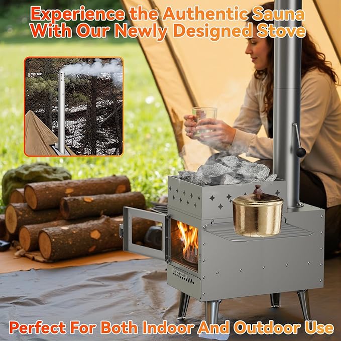 Sauna Hot Tent Stove, Portable Wood Burning Stove for Outdoor Camping with Chimney Pipe for Dry Sauna, Cooking for Family and Friends, Upgraded Heat Concentration System with Sauna Stones Basket