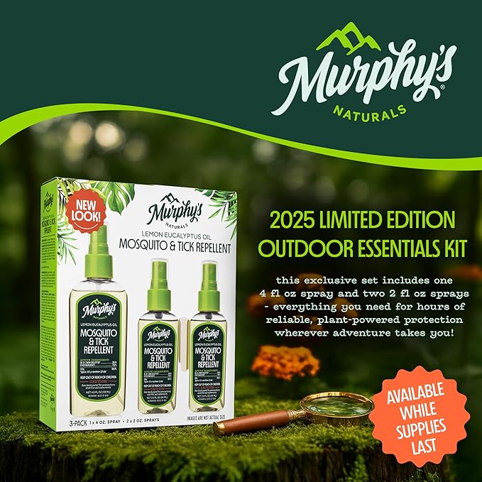 Murphy’s Naturals Mosquito & Tick Repellent, Plant-Based DEET-Free Spray, Outdoor Essentials Kit 3-Pack, 1x4-ounce + 2x2-ounce Pumps, Limited Edition