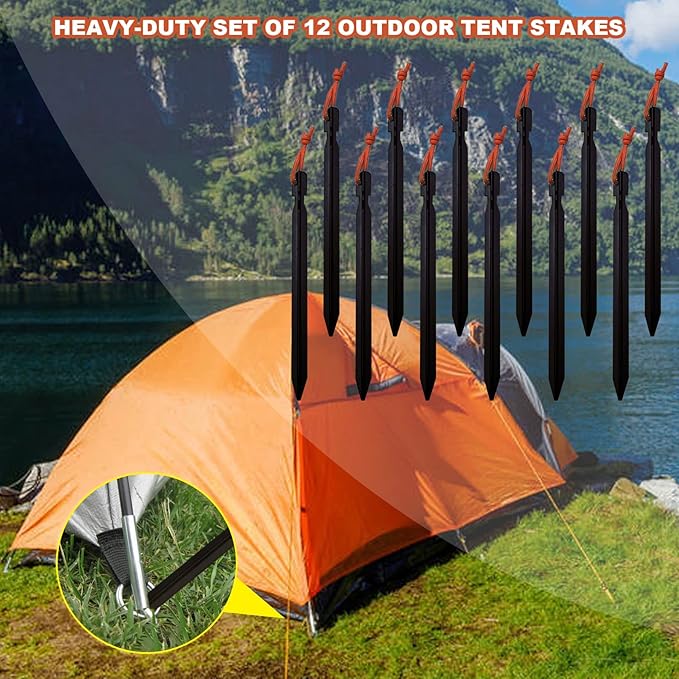 12 Pack Tent Stakes, 7075 Ground Metal Camping Aluminum Tent Pegs, Lightweight Tent Stakes Heavy Duty Spikes Camping Accessories