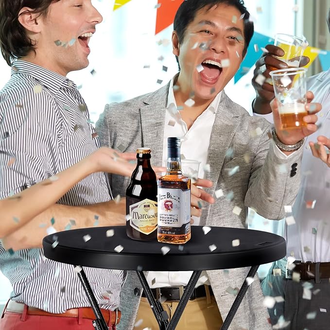 Cocktail Table 28in High Top Round Folding Indoor Outdoor, Plastic Bar Height Foldable Bistro Tall Table for Party, Patio, Dining Room, Kitchen, Events, Removable Locking Legs, Black