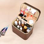 Fashion makeup box, Portable leather hard cosmetic case with mirror, Professional train case make up box for women adults. (Double-white)