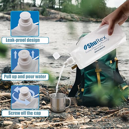 4 Pack 20oz/ 600ml Collapsible Water Pouch for Sawyer Squeeze Mini Water Filtration System, Compatible with Membrane Solutions and Other Water Filter Straw; Foldable Water Bottle, Reusable, BPA-Free