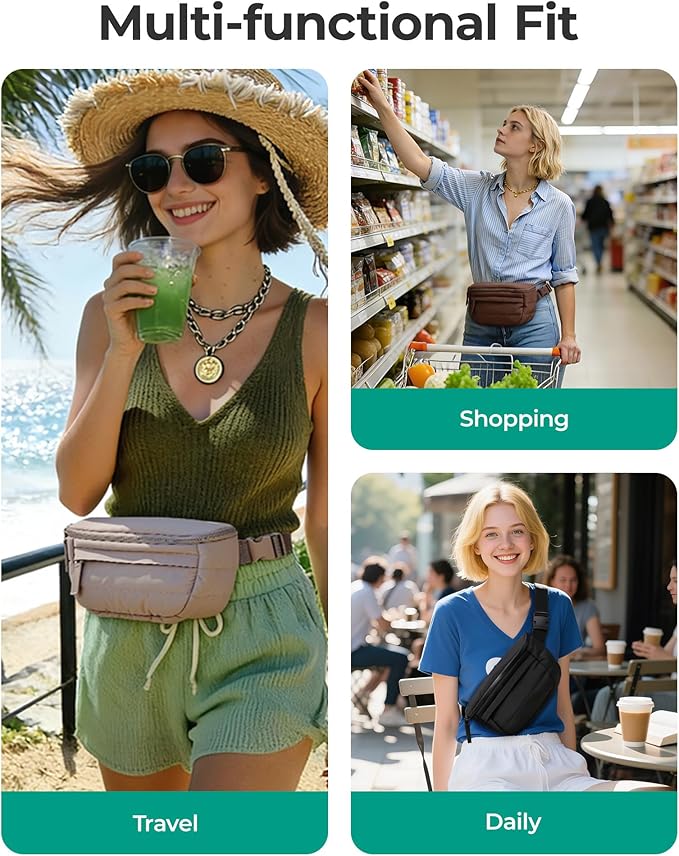 BAGSMART Fanny Packs for Women Cross Body, Lightweight Puffy Belt Bag with Multi Pockets Quilted Purse for Traveling Hiking Green