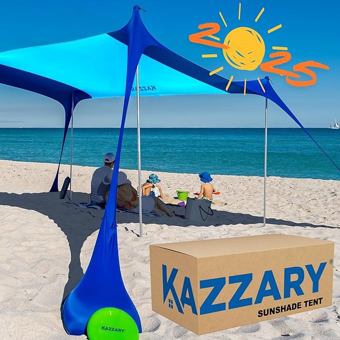 Beach Tent UPF50+ Sun Shade Canopy with Sandbags, 4 Stability Poles, Ground Pegs, Flying Disc Sand Shovel, Lightweight Sunshade Shelter, 7ft Tall for Outdoor Trips, Camping and Sports