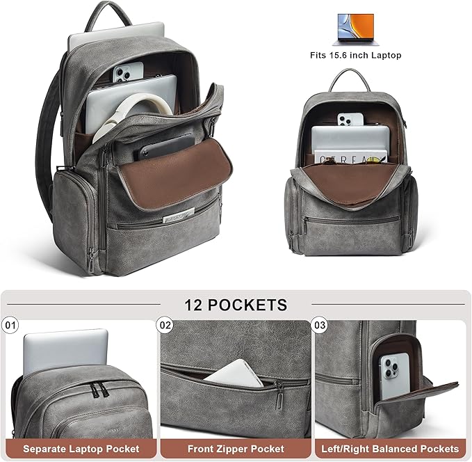 Leather Backpack for Women, Fits 15.6 Inch Laptop, Soft Vegan Leather Backpack for Travel and Daily Use, Grey